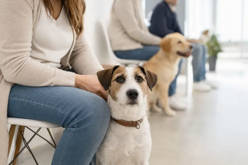Ein Parson Jack Russell Terrier sitzt ruhig neben seinem Besitzer im hellen Wartezimmer einer modernen Tierarztpraxis.